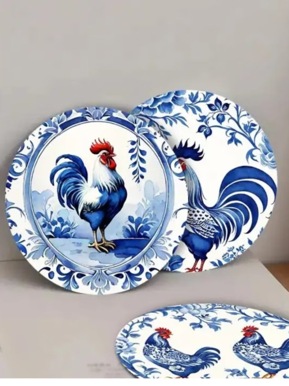 Wood Rooster Coasters in Blue & White Chinoiserie Style 6pcs Cottagecore - Picture 3 of 6